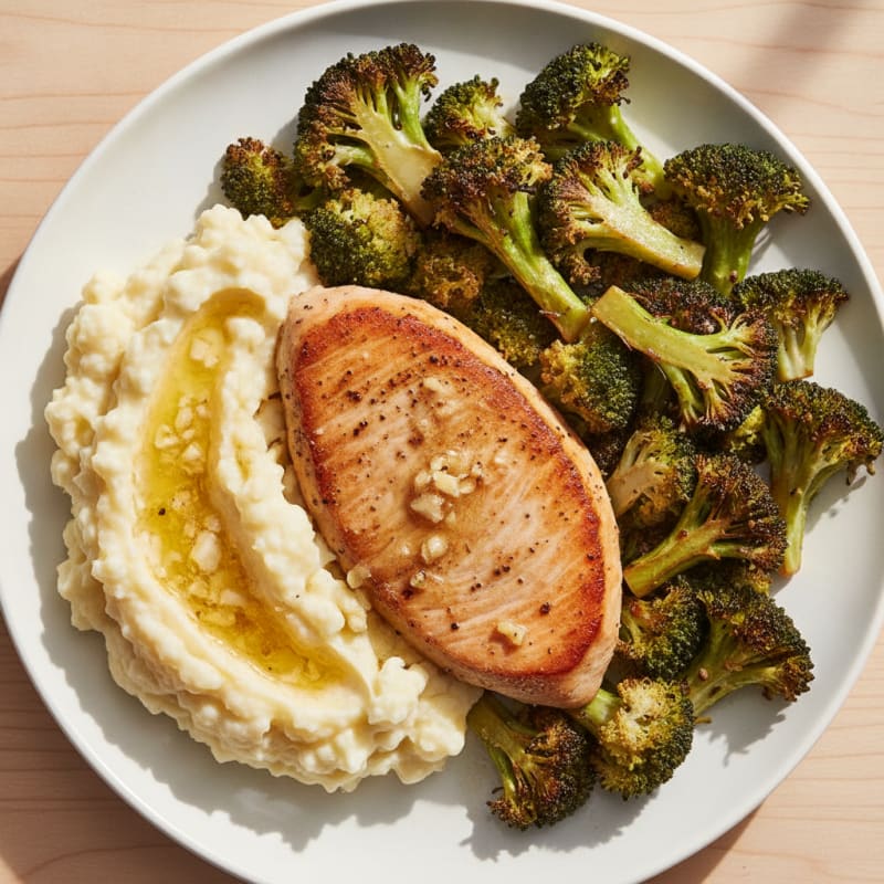 Seared Turkey Breast with Roasted Broccoli and Garlic Mashed Cauliflower