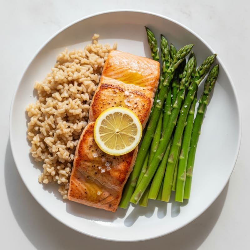 Seared Salmon with Steamed Asparagus and Brown Rice