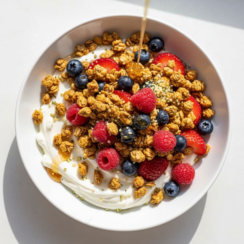 Silky Greek Yogurt Bowl with Protein Granola and Mixed Berries