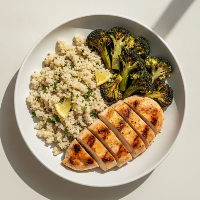 Grilled Chicken and Quinoa Bowl with Roasted Broccoli