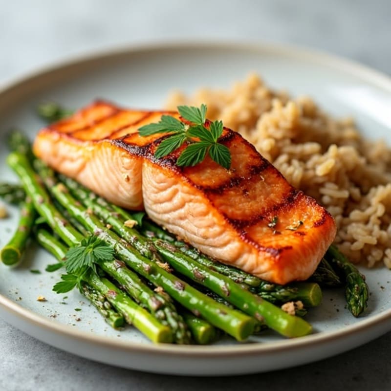 Seared Salmon with Steamed Asparagus and Brown Rice
