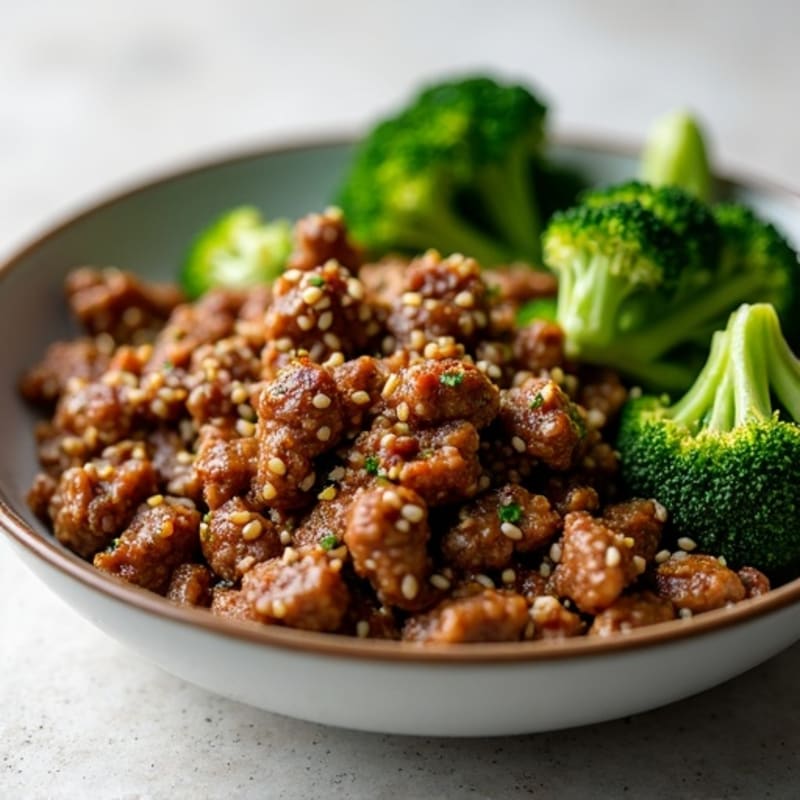 Lean Ground Beef with Savory Sesame Glaze and Roasted Broccoli