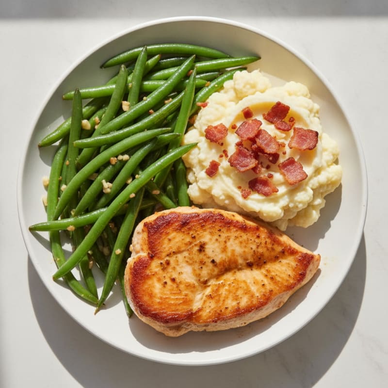 Seared Turkey Breast with Garlic Green Beans and Mashed Cauliflower