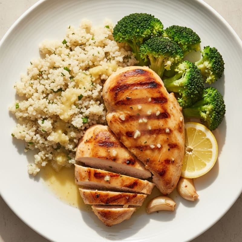 Grilled Lemon-Garlic Chicken Breast with Quinoa and Steamed Broccoli