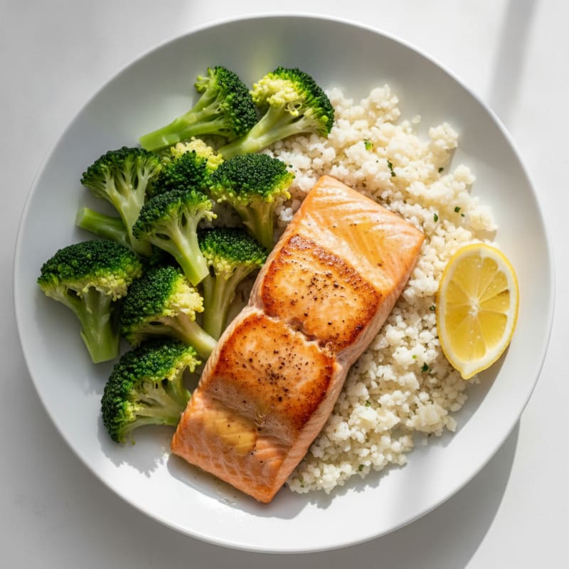 Seared Salmon with Steamed Broccoli and Cauliflower Rice