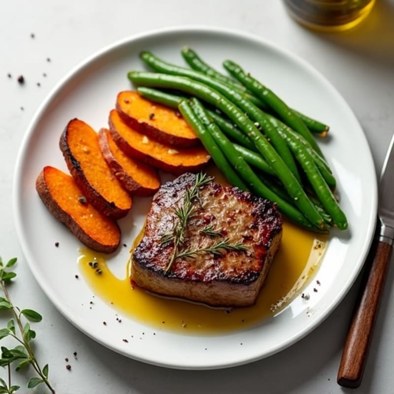 Seared Sirloin Steak with Garlic Green Beans and Roasted Sweet Potatoes