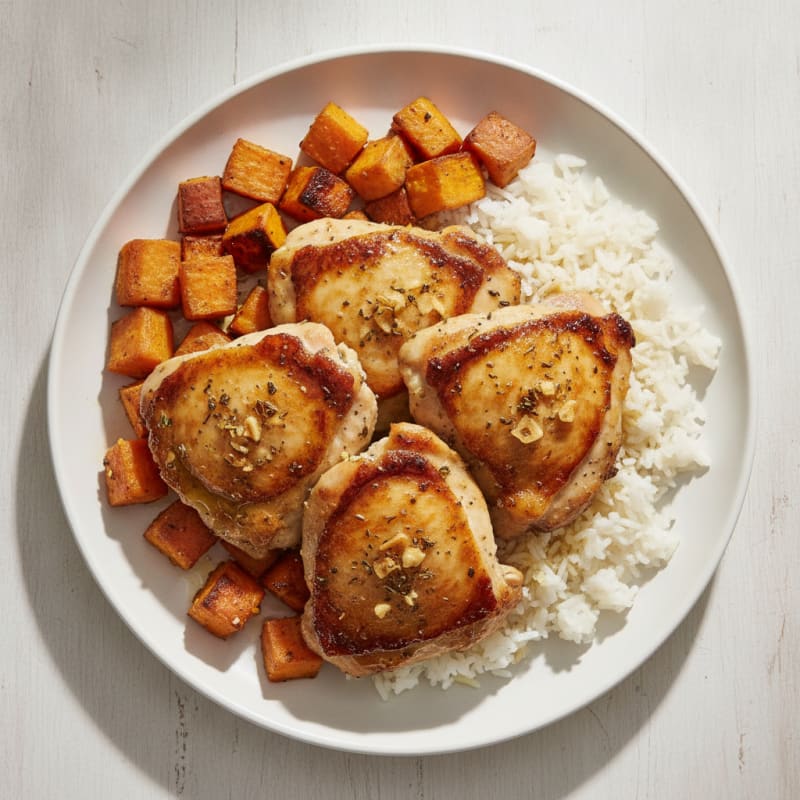 Grilled Chicken Thighs with Roasted Sweet Potato and Steamed Rice