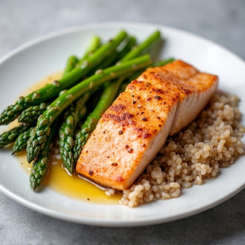 Seared Salmon Fillet with Steamed Asparagus and Brown Rice