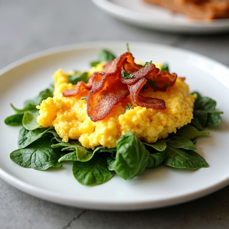 Protein-Packed Fluffy Egg Scramble with Spinach and Lean Turkey Bacon