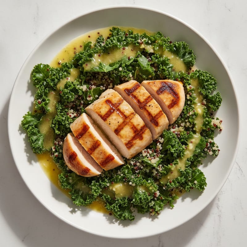 Grilled Chicken Breast with Crunchy Kale Salad and Quinoa