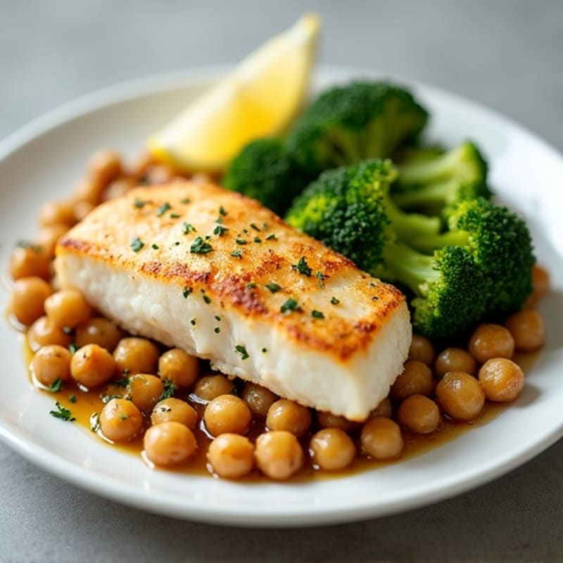 Seared Cod with Garlic Roasted Broccoli and Chickpeas