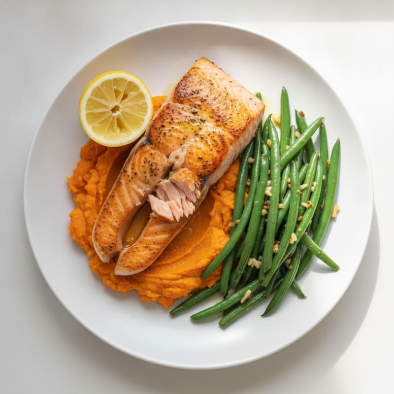 Seared Salmon Filet with Garlic Green Beans and Sweet Potato Mash
