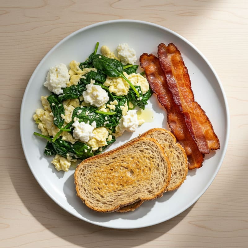 Egg White and Spinach Scramble with Cottage Cheese and Turkey Bacon