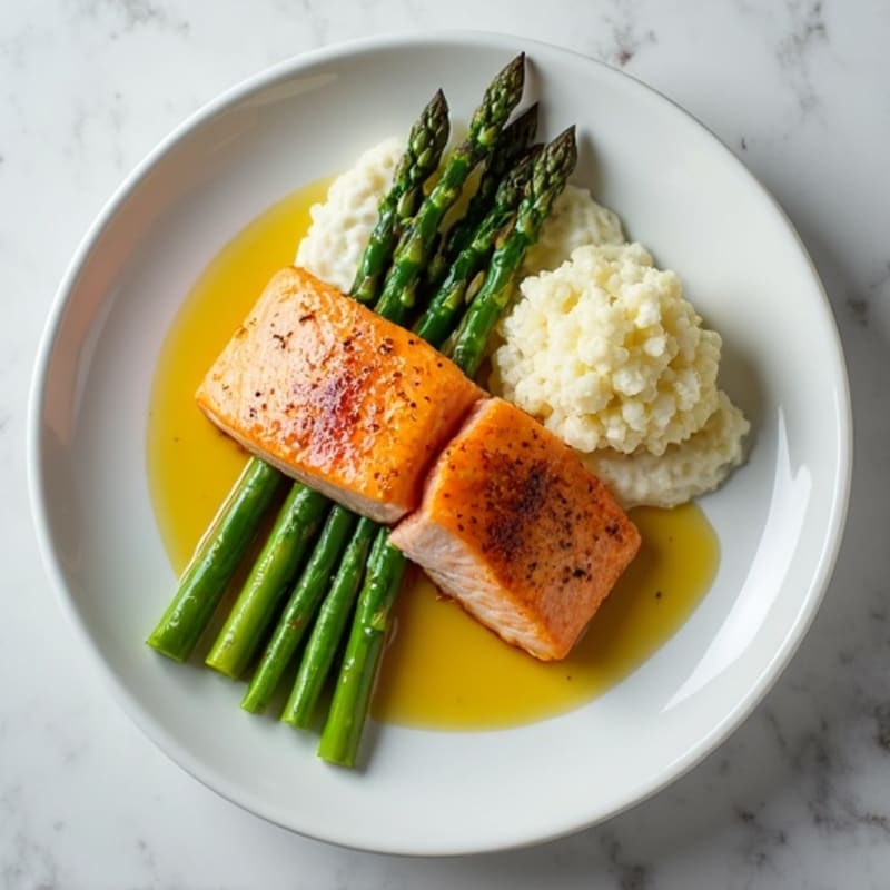 Seared Salmon with Steamed Asparagus and Garlic Cauliflower Mash
