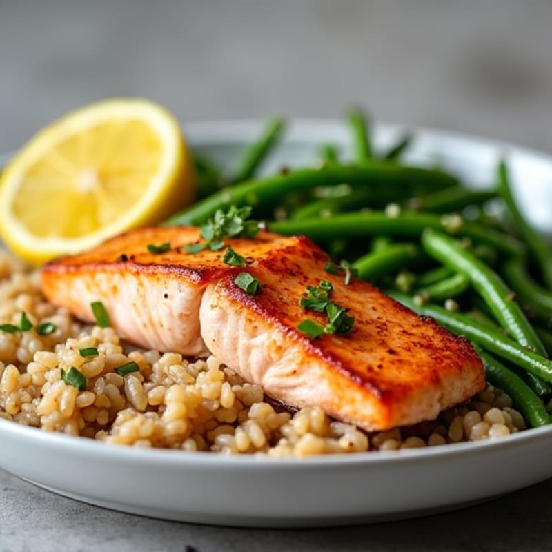 Seared Salmon with Garlic Green Beans and Brown Rice