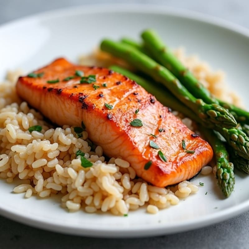 Seared Salmon Fillet with Steamed Asparagus and Brown Rice