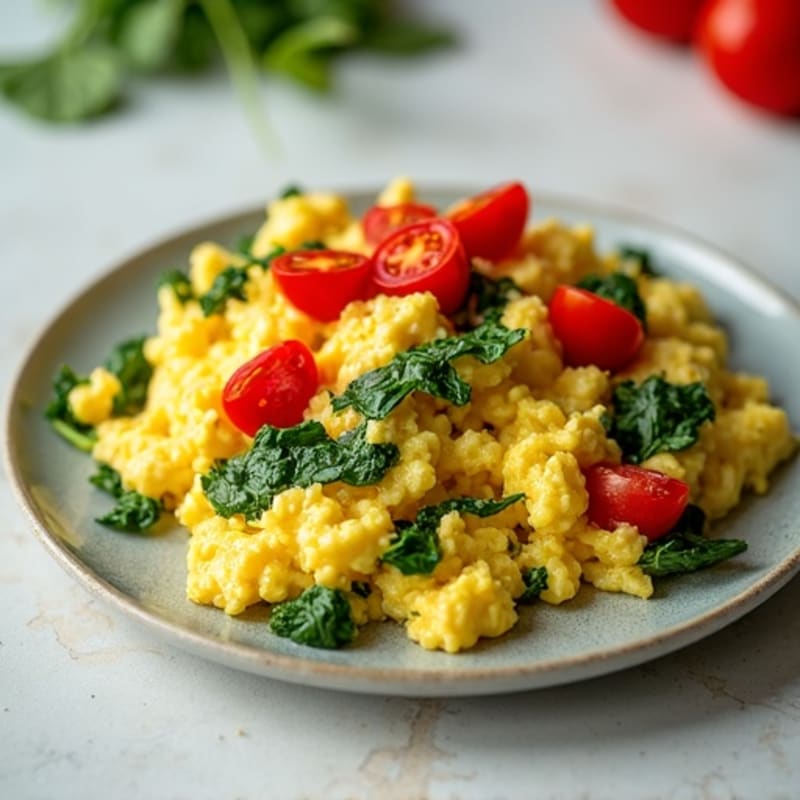 Fluffy Egg Scramble with Fresh Spinach and Cherry Tomatoes