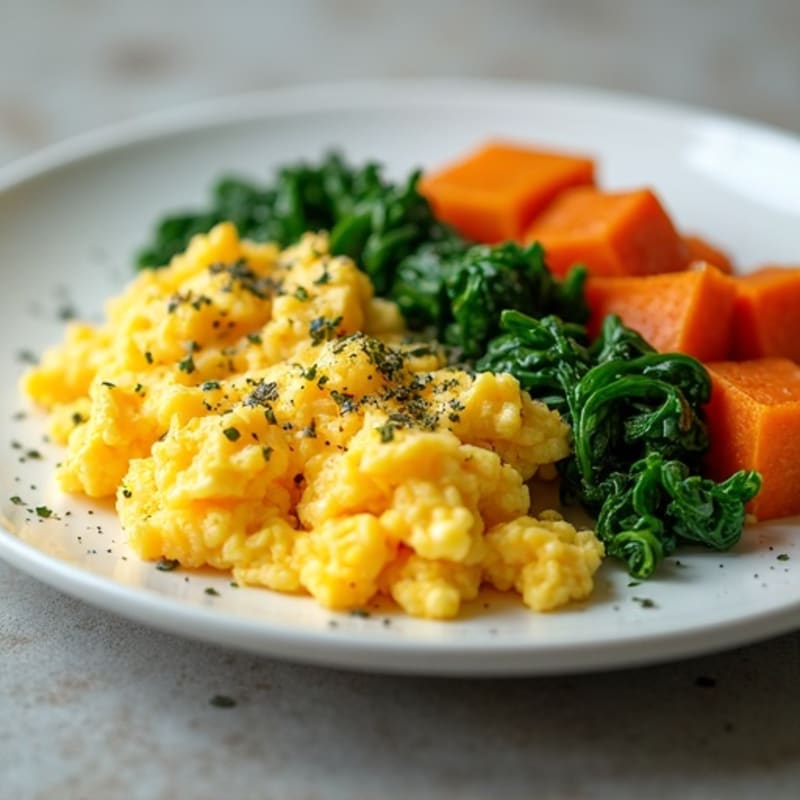 Cheesy Herb Scrambled Eggs with Sautéed Spinach and Crispy Sweet Potato