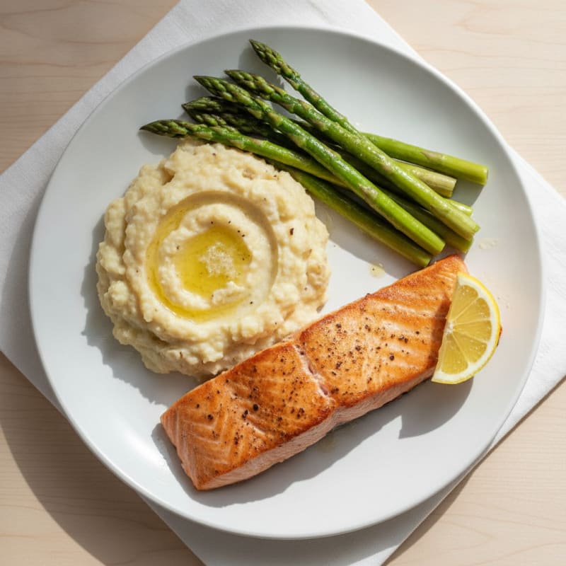 Seared Salmon with Steamed Asparagus and Garlic Mashed Cauliflower