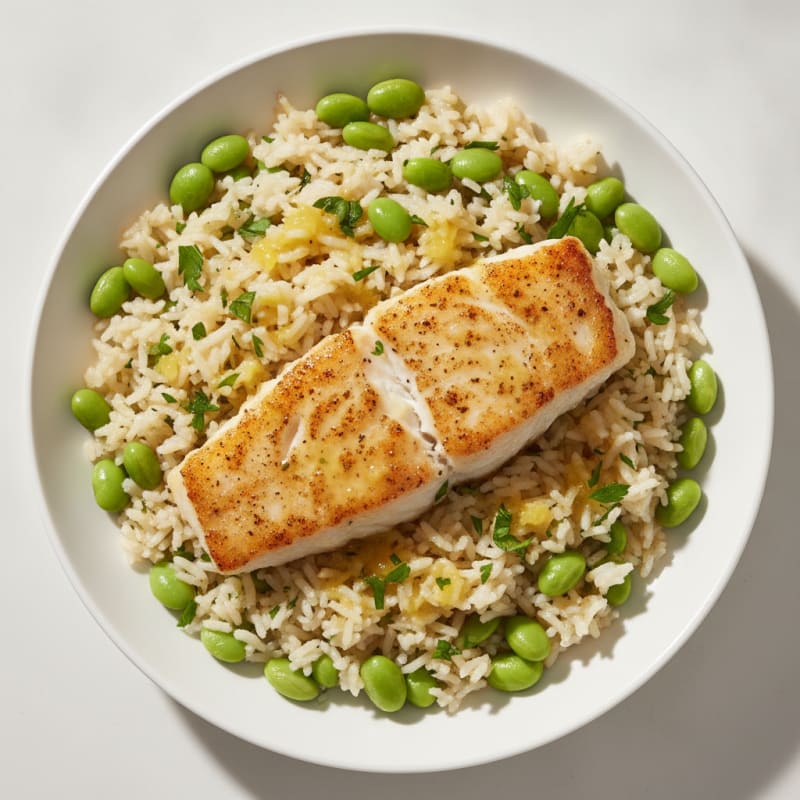 Pan-Seared Cod with Steamed Edamame and Lemon Herb Rice