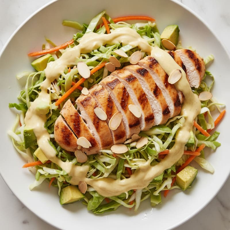 Grilled Chicken Breast Salad with Crunchy Cabbage and Creamy Greek Yogurt Dressing