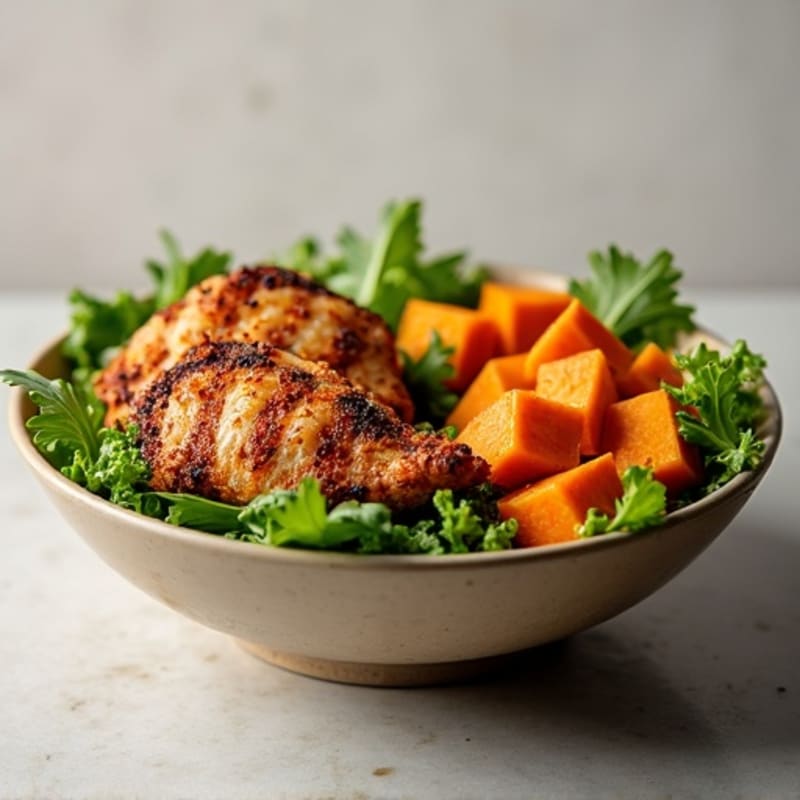 Crispy Roasted Chicken and Sweet Potato Bowl with Fresh Greens