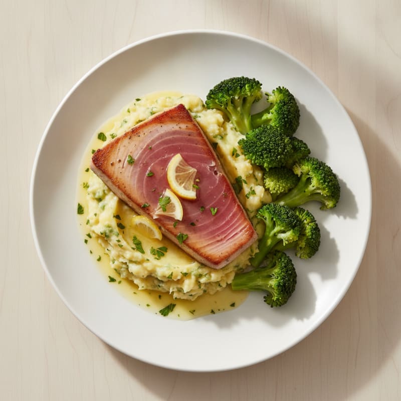Seared Tuna with Herb Potato Mash and Steamed Broccoli