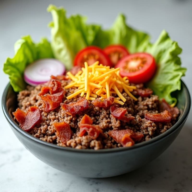 Lean Ground Beef Cheeseburger Bowl with Crispy Turkey Bacon