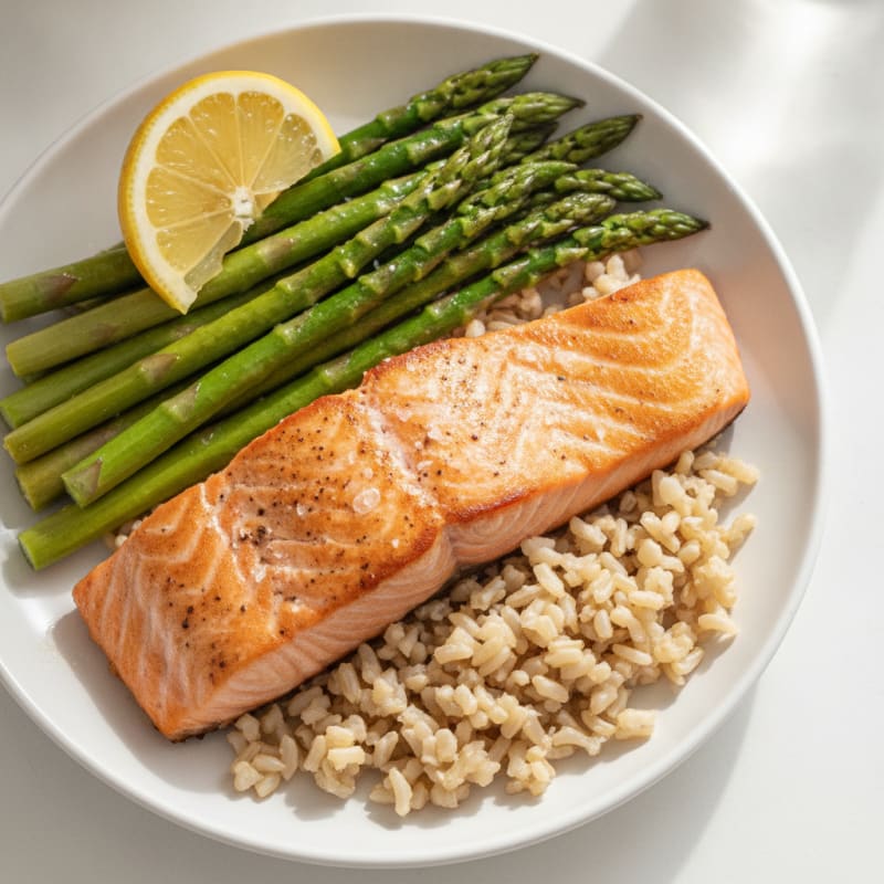 Seared Salmon with Steamed Asparagus and Brown Rice