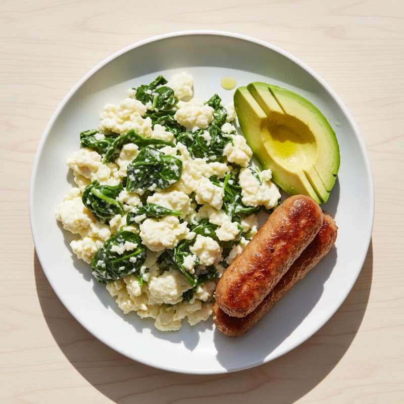 Egg White Scramble with Turkey Sausage and Sautéed Spinach