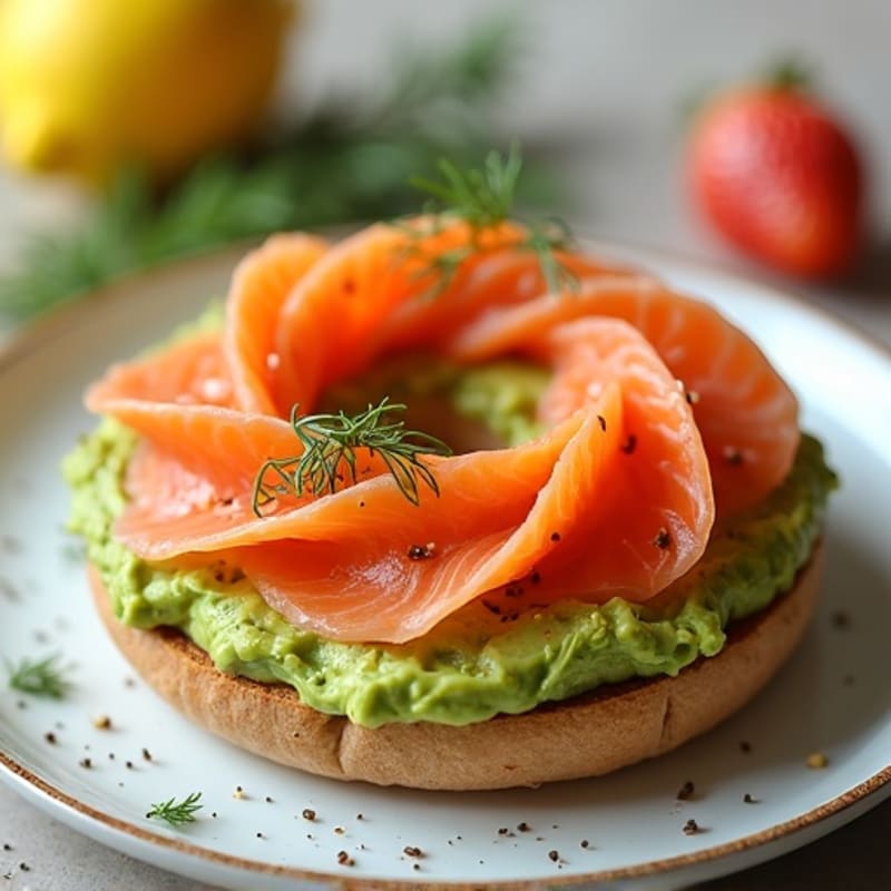 Whole Grain Bagel with Creamy Avocado, Smoked Salmon, and Fresh Dill