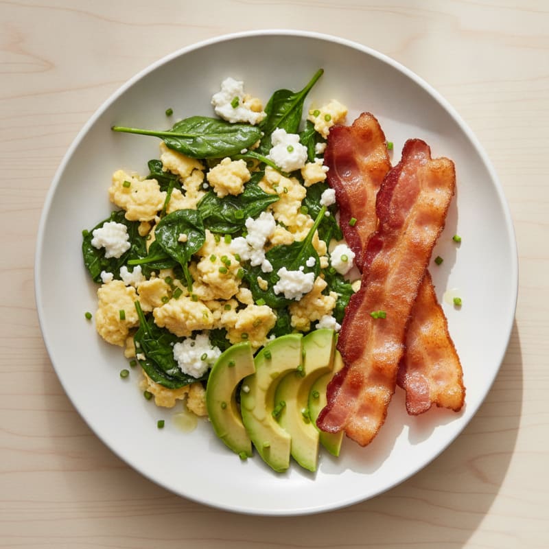 Cottage Cheese Scramble with Spinach and Turkey Bacon