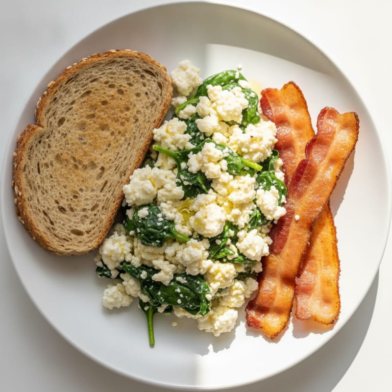 Cottage Cheese Egg White Scramble with Spinach and Turkey Bacon