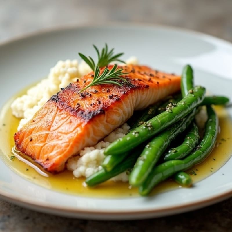 Seared Salmon Fillet with Garlic Green Beans and Cauliflower Mash
