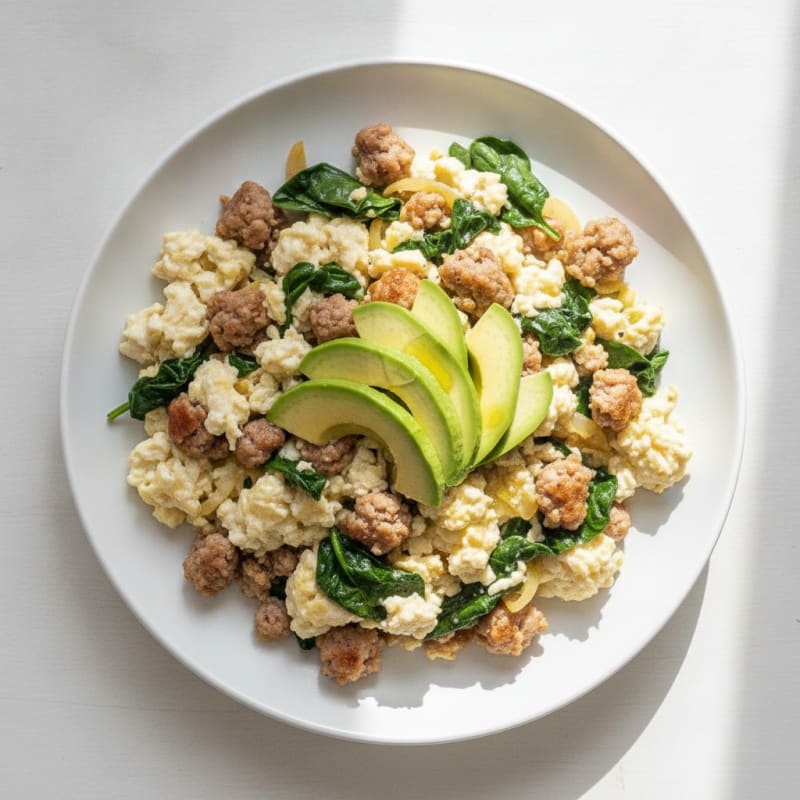 Egg White and Turkey Sausage Scramble with Sautéed Spinach