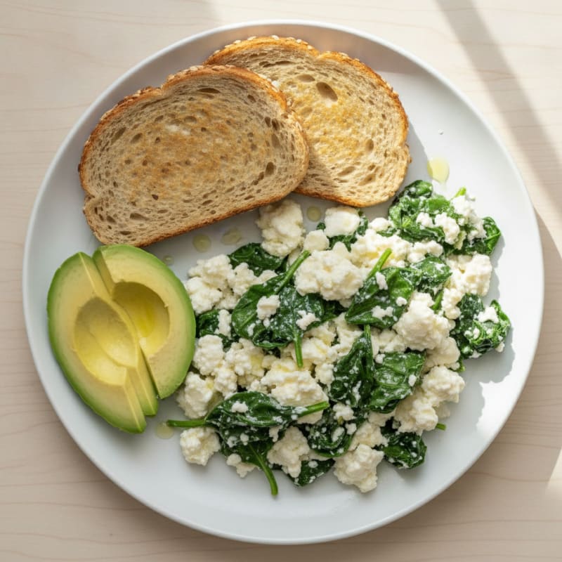 Egg White and Cottage Cheese Scramble with Sautéed Spinach
