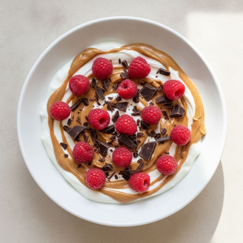 Greek Yogurt Peanut Butter Bowl with Berries and Dark Chocolate