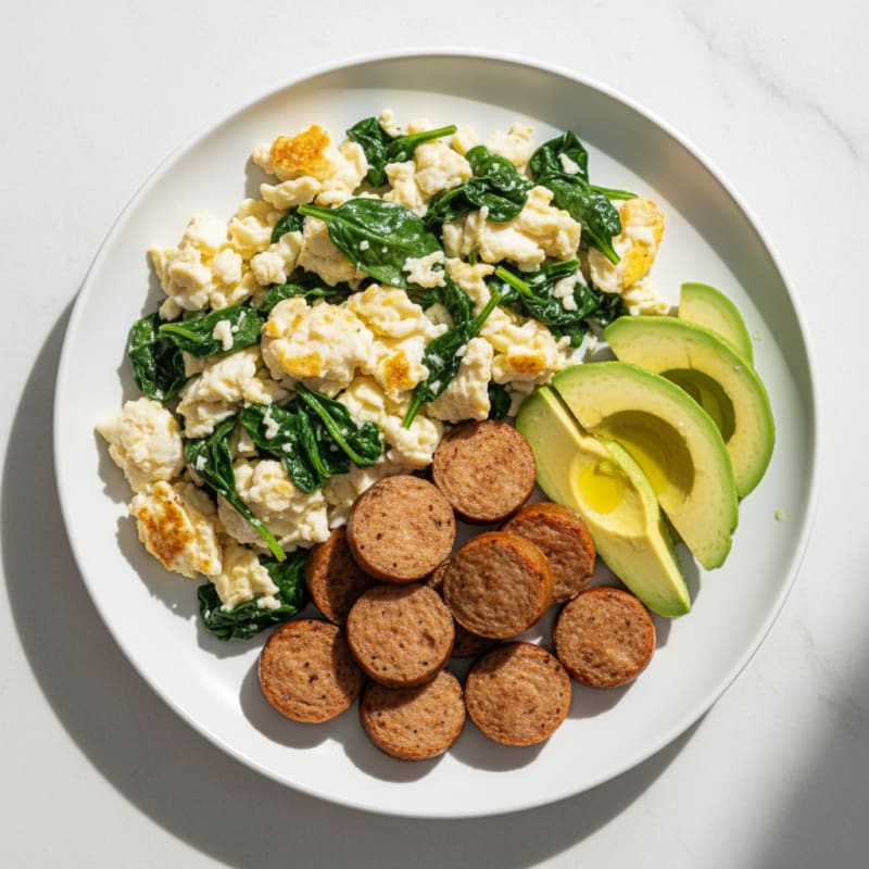 Egg White Spinach Scramble with Turkey Sausage
