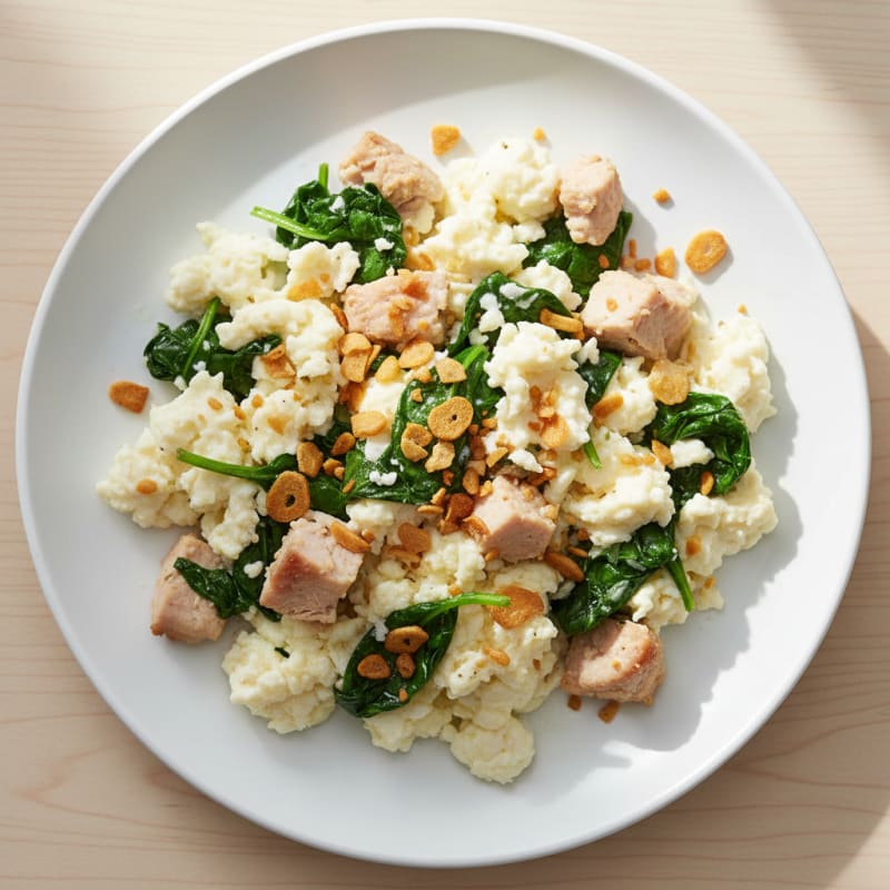 Egg White Scramble with Turkey Breast and Sautéed Spinach