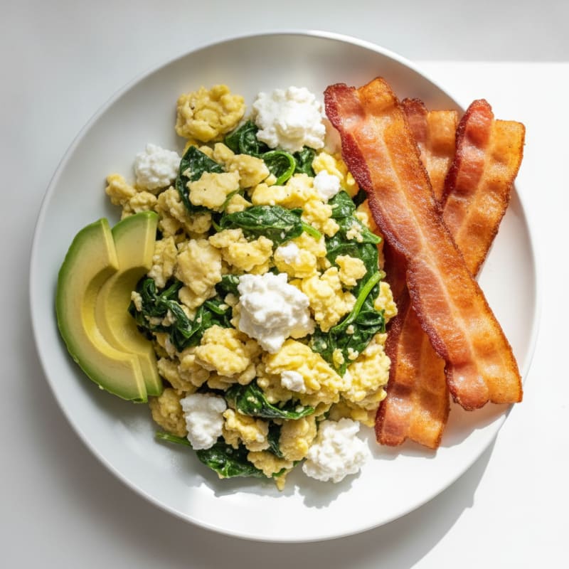 Cottage Cheese Egg Scramble with Spinach and Turkey Bacon