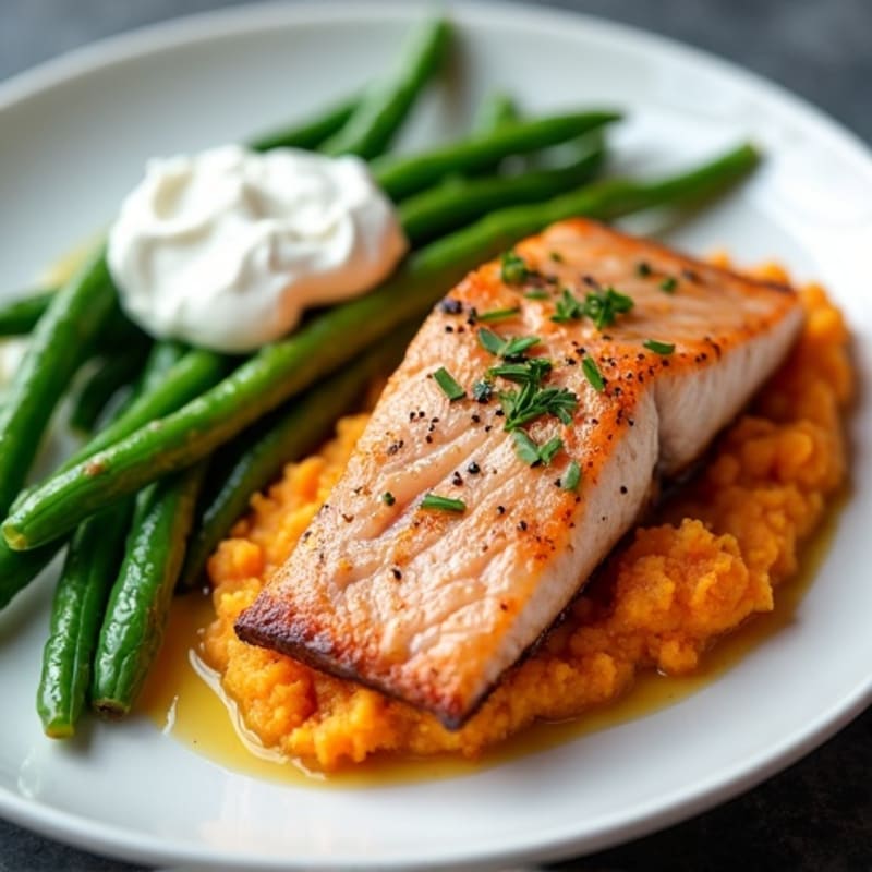 Seared Salmon Fillet with Steamed Green Beans and Sweet Potato Mash