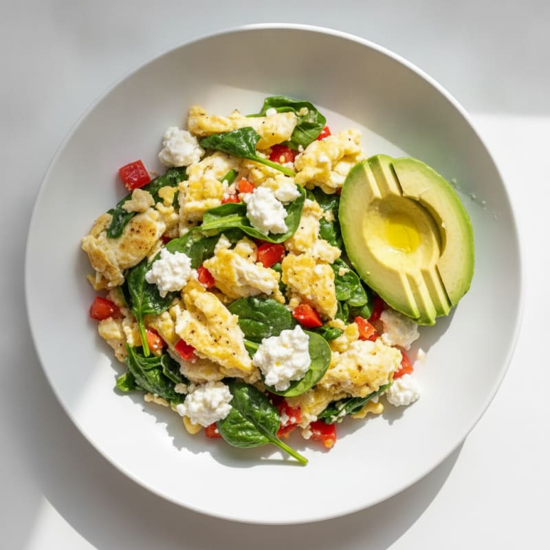 Egg White Veggie Scramble with Cottage Cheese and Fresh Spinach
