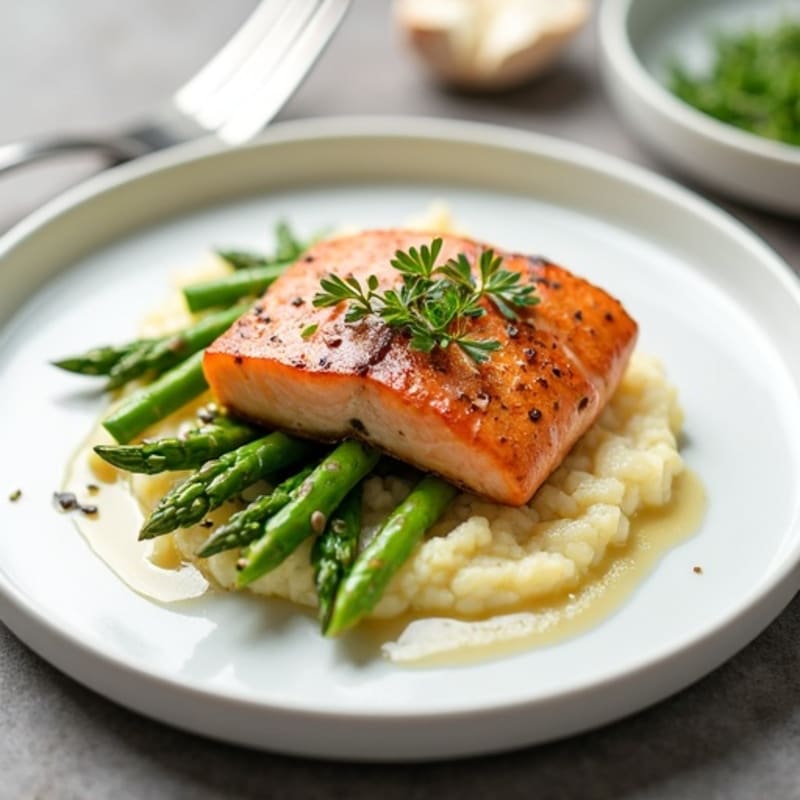 Seared Salmon with Steamed Asparagus and Cauliflower Mash