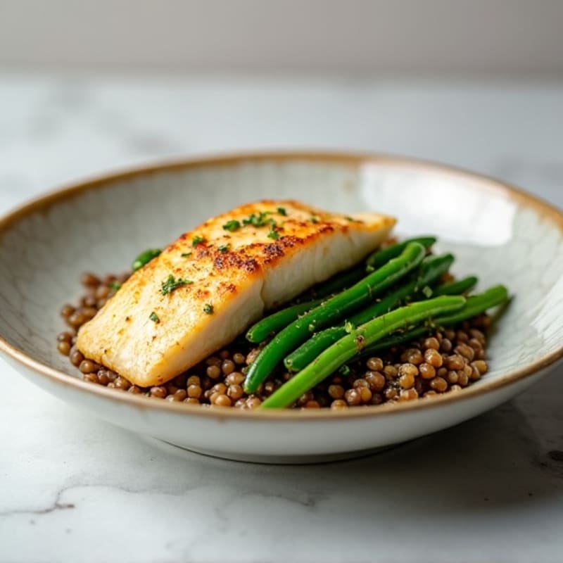 Grilled Cod Fillet with Steamed Green Beans and Garlic Lentils