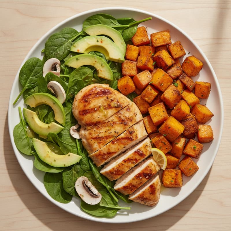 Grilled Chicken Breast with Roasted Sweet Potatoes and Spinach Salad
