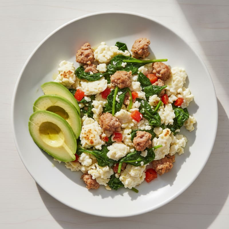 Egg White Scramble with Turkey Sausage and Sautéed Spinach
