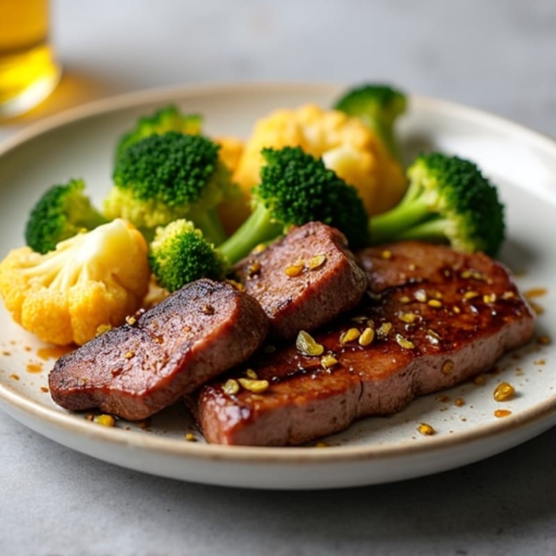Seared Lean Beef Strips with Roasted Broccoli and Cauliflower