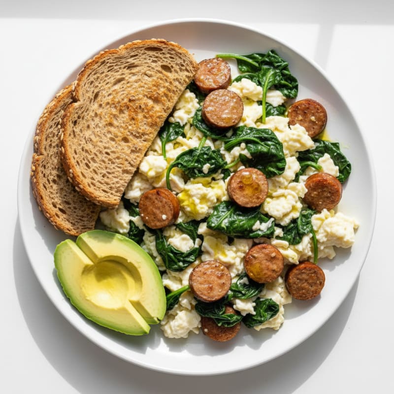 Egg White Scramble with Turkey Sausage and Sautéed Spinach