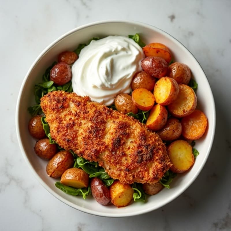 Crispy Spiced Chicken and Roasted Potato Bowl with Tangy Yogurt Sauce
