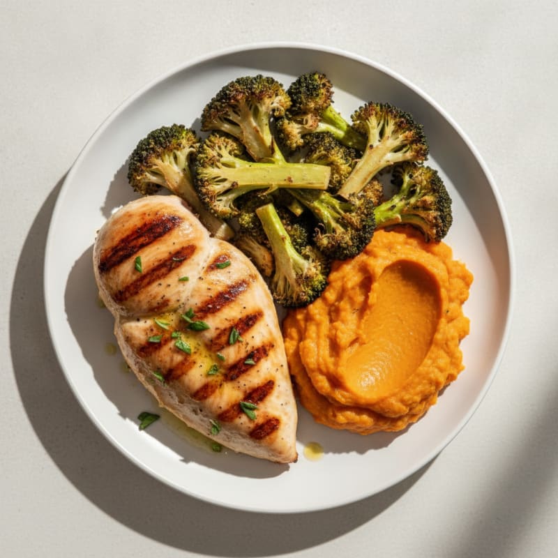 Grilled Chicken Breast with Roasted Broccoli and Sweet Potato Mash
